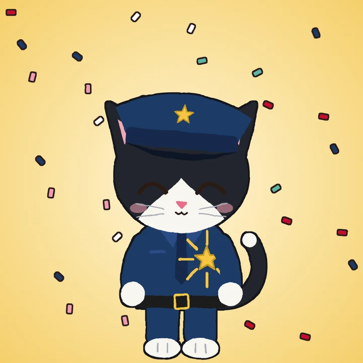 Mittens smiling with his gold star badge sparkling, confetti all around.