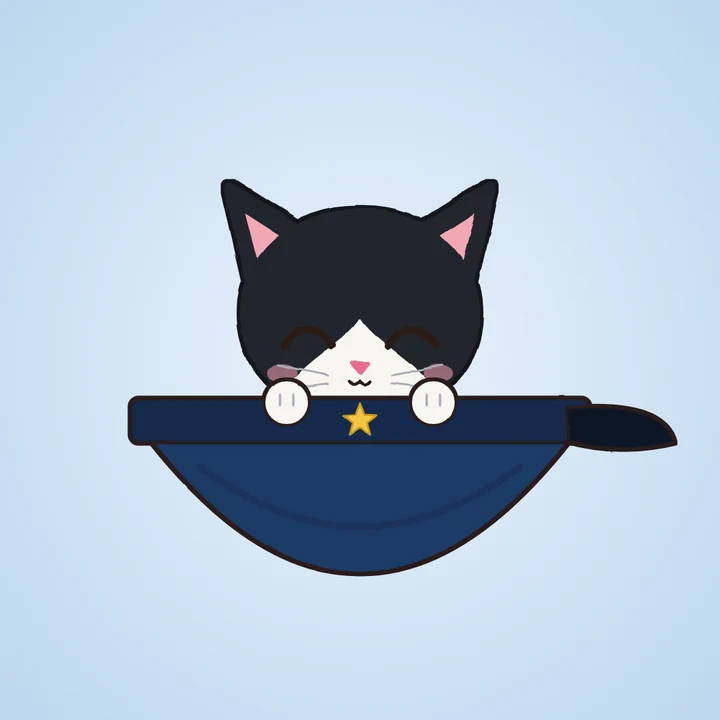 Baby Mittens asleep inside an upside-down police hat, paws over the brim.
