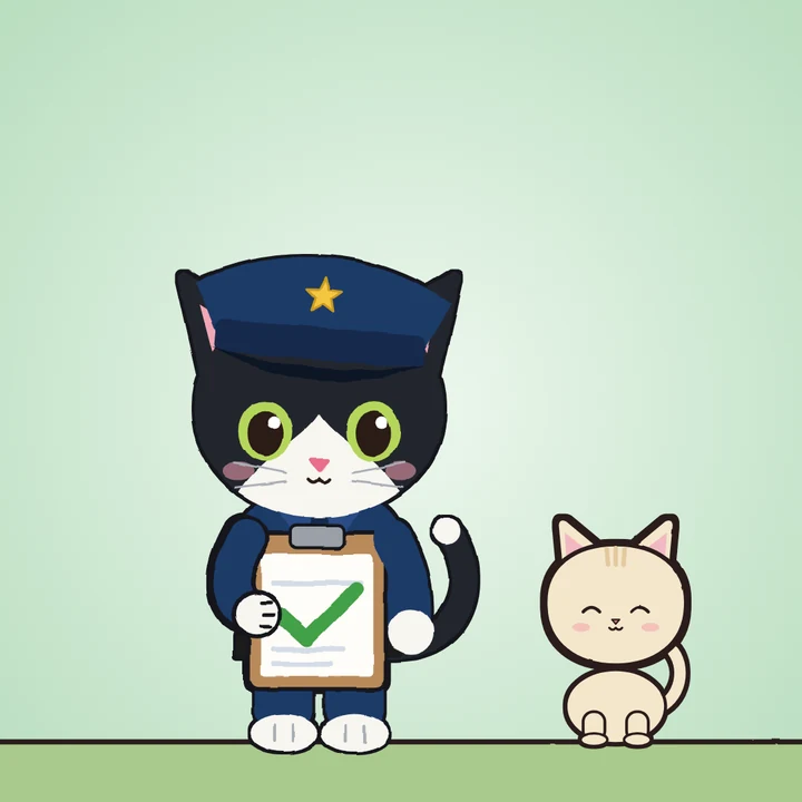Mittens holding a clipboard with a green check mark next to a happy cream kitten.