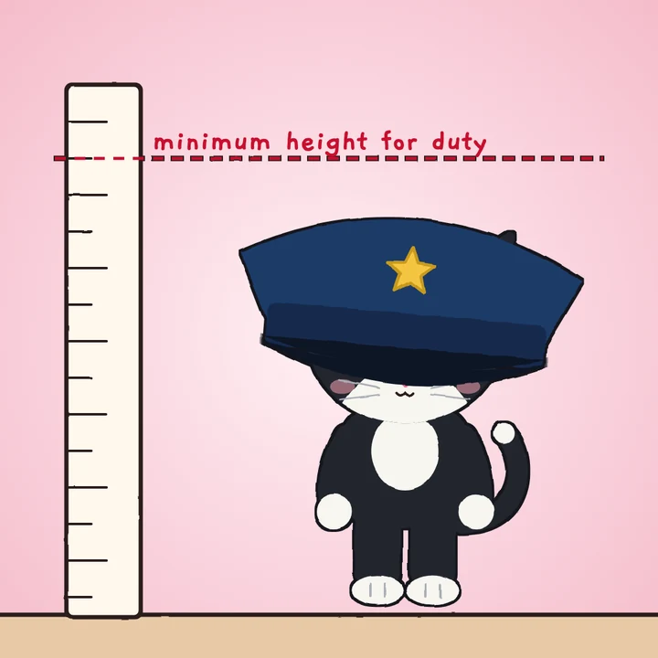 Young Mittens wearing the police hat over his eyes, next to a height chart, well under the minimum height line.