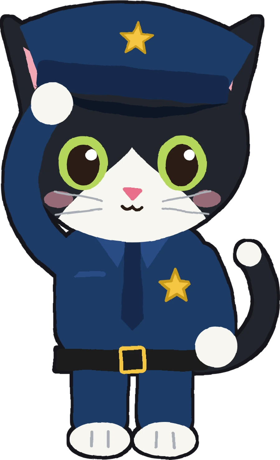 Officer Mittens, a tuxedo kitten in a navy police uniform and an oversized hat, saluting.