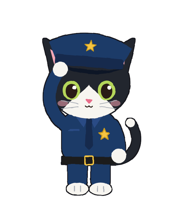 Officer Mittens saluting in his uniform and droopy hat.